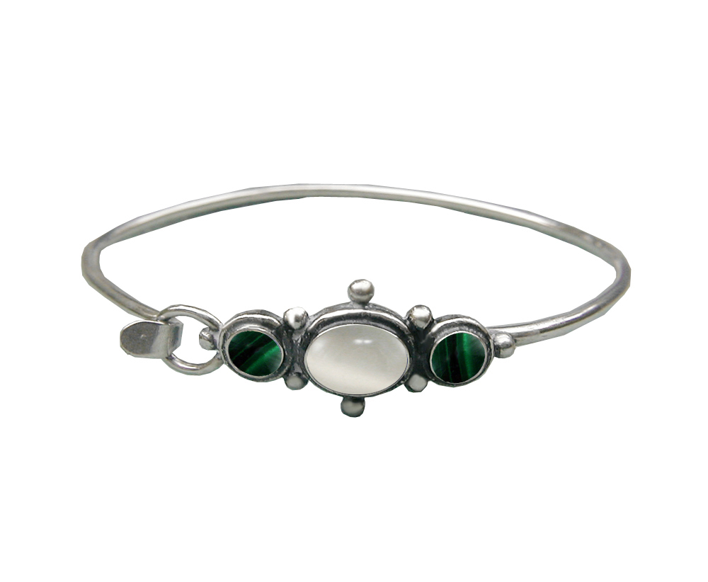 Sterling Silver Strap Latch Spring Hook Bangle Bracelet White Moonstone And Malachite